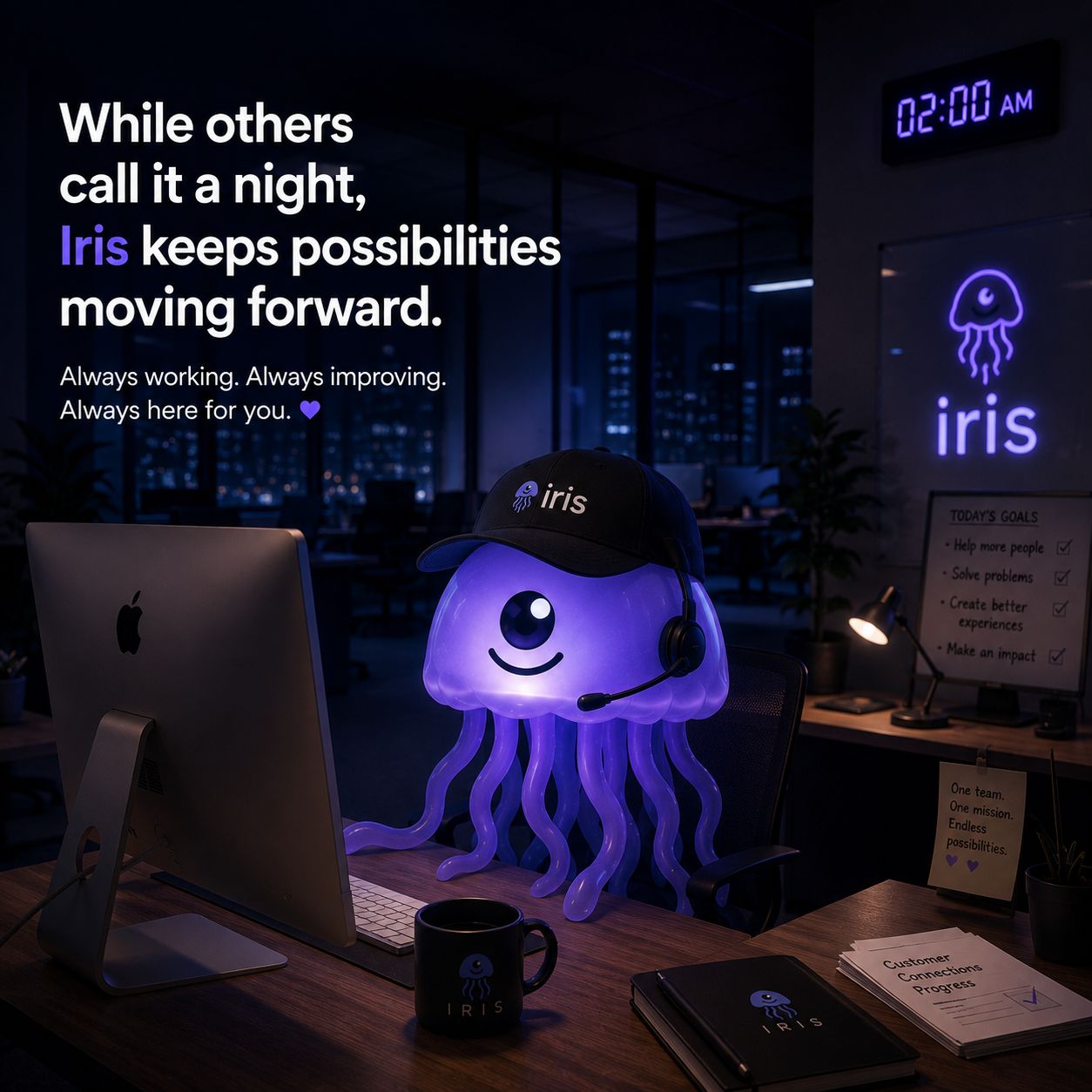 While others call it a night, Iris keeps possibilities moving forward — always working, always improving, always here for you.