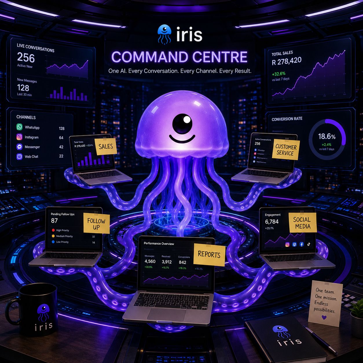 Iris Command Centre — one AI for every conversation, every channel, every result, across WhatsApp, Instagram, Messenger, and web chat.